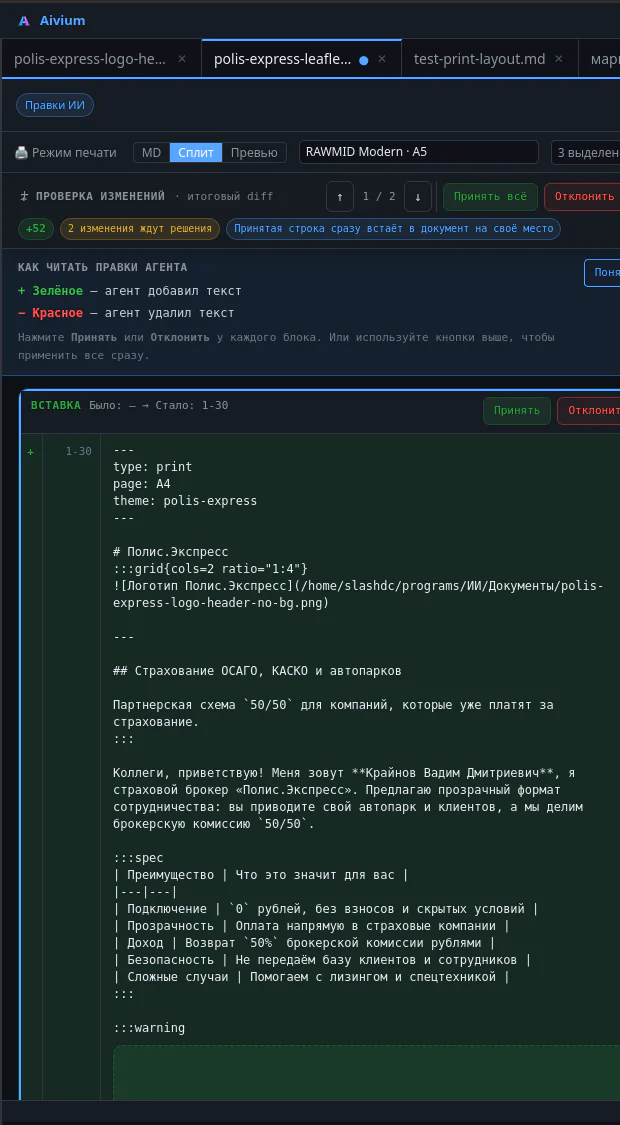 Исходная разметка печатного материала в редакторе Aivium.